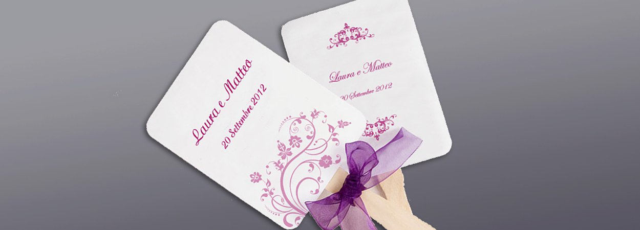 Ventagli in cartoncino stampato e personalizzato con grafica della  partecipazione matrimonio cod F1617